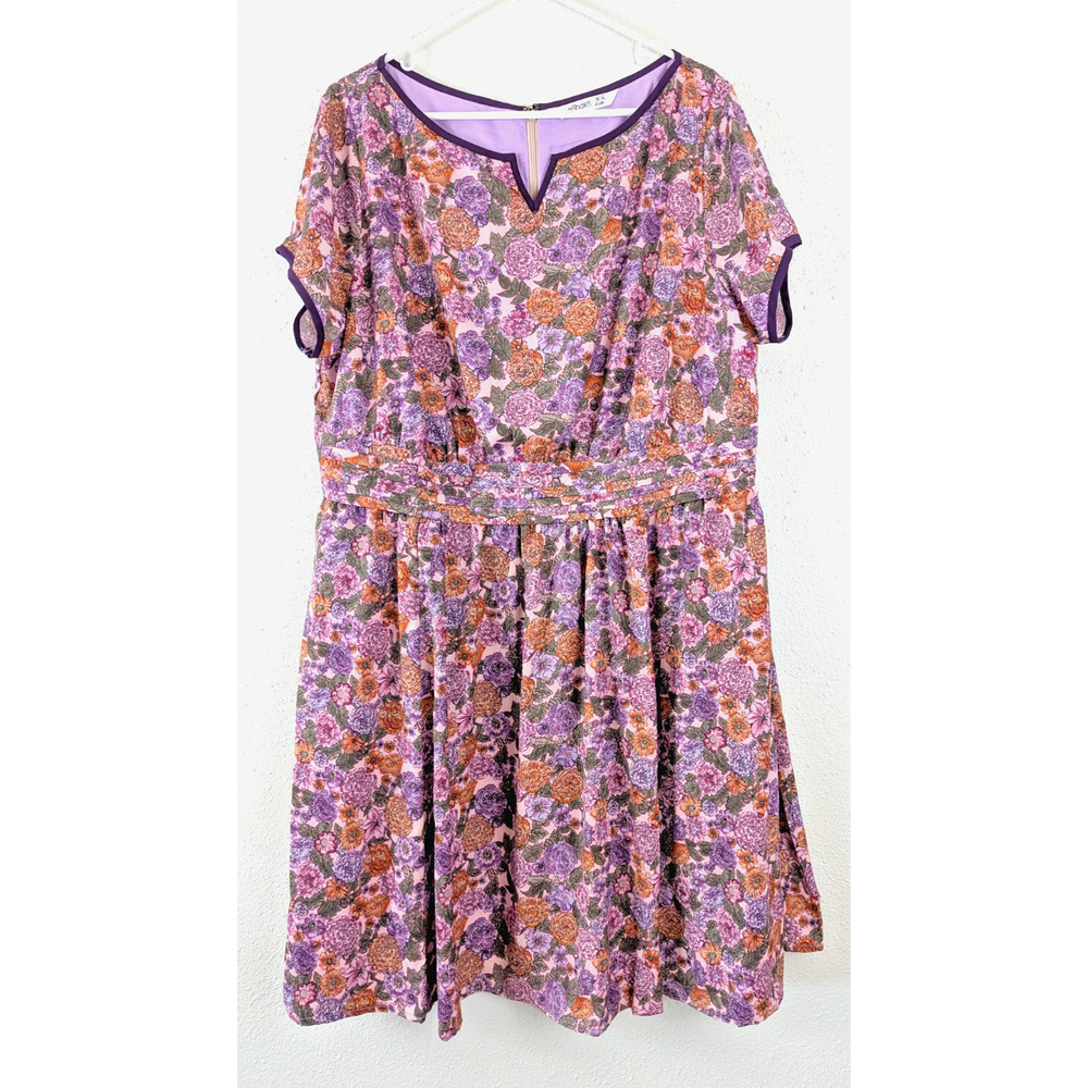 eShakti sz 2X 22W Dress Fit & Flare multi color floral print short sleeves 1288
